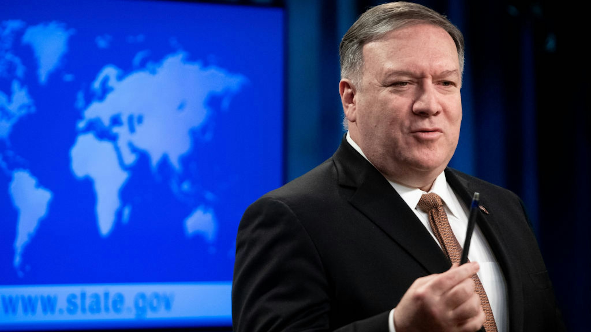 US Secretary of State Mike Pompeo announces that the US will designate Iran's Islamic Revolutionary Guard Corps (IRGC) as a Foreign Terrorist Organization (FTO) during a press conference at the State Department in Washington, DC, April 8, 2019. - President Donald Trump on April 8, 2019 announced the United States is designating Iran's elite military force, the Islamic Revolutionary Guard Corps, a terrorist organization. Trump said in a statement that the "unprecedented" move "recognizes the reality that Iran is not only a State Sponsor of Terrorism, but that the IRGC actively participates in, finances, and promotes terrorism as a tool of statecraft." (Photo by SAUL LOEB / AFP) (Photo credit should read SAUL LOEB/AFP/Getty Images)
