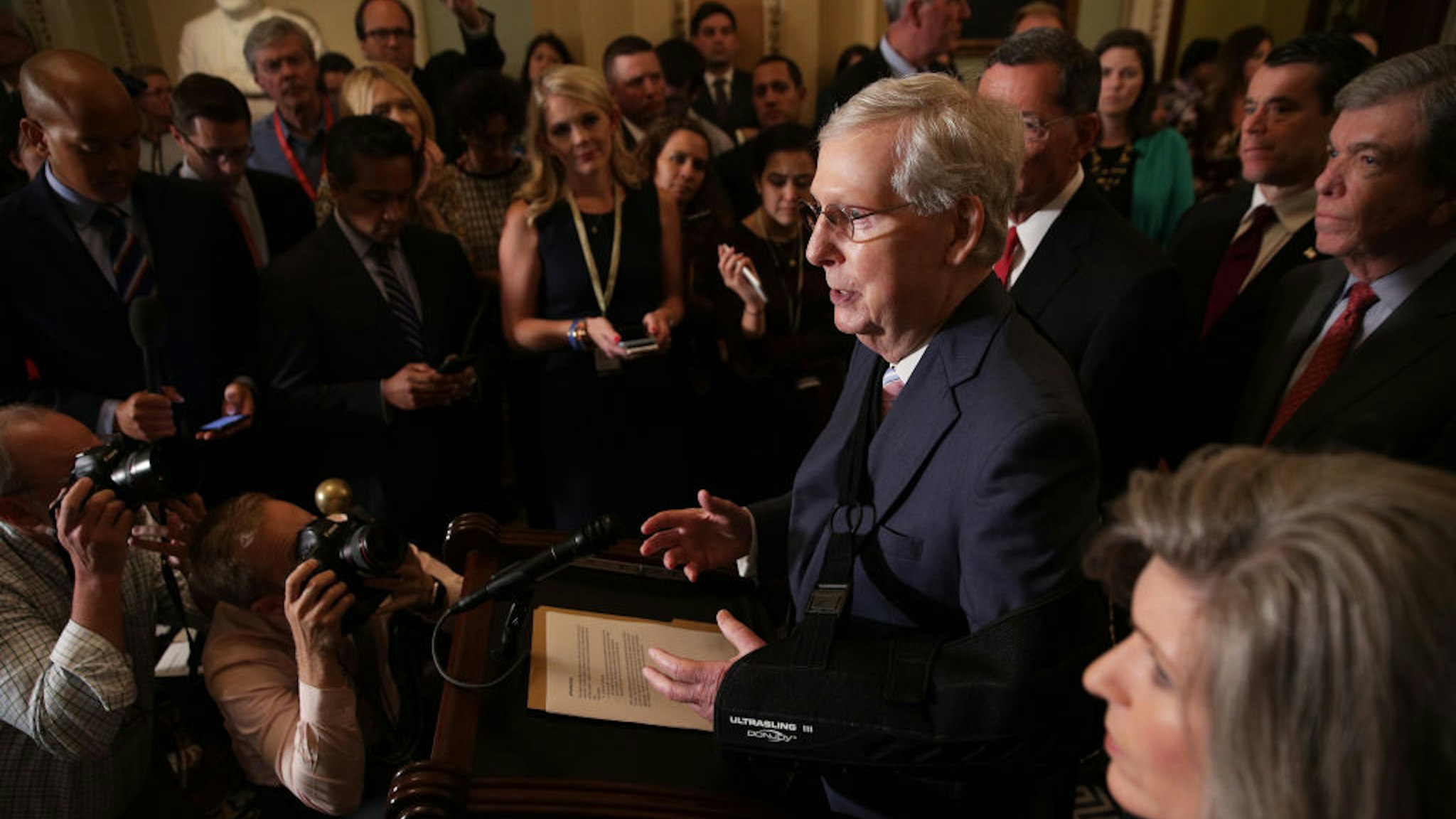 U.S. Senate Majority Leader Sen. Mitch McConnell (R-KY) speaks during a news briefing after the weekly Senate Republican policy luncheon September 10, 2019 at the U.S. Capitol in Washington, DC. Senate GOPs held the weekly luncheon to discuss Republican agenda. (Photo by Alex Wong/Getty Images)