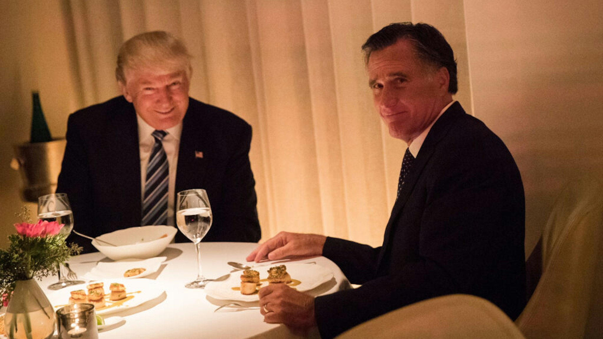 NEW YORK, NY - NOVEMBER 29: (L to R) President-elect Donald Trump and Mitt Romney dine at Jean Georges restaurant, November 29, 2016 in New York City. President-elect Donald Trump and his transition team are in the process of filling cabinet and other high level positions for the new administration.