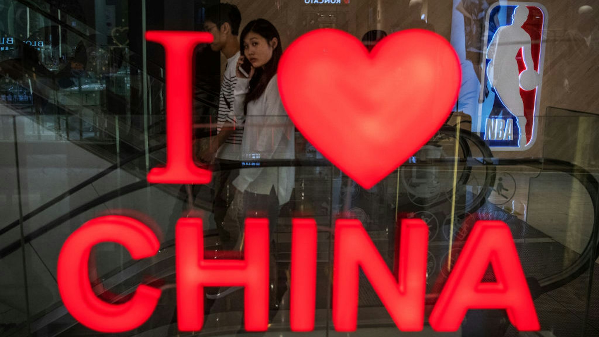 A display is seen near a logo outside the NBA flagship retail store on October 9, 2019 in Beijing, China. (Photo by Kevin Frayer/Getty Images)