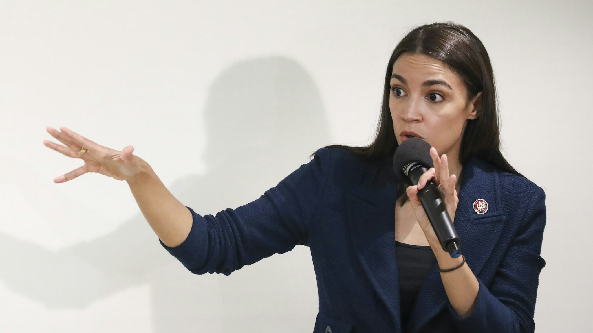 U.S. Rep. Alexandria Ocasio-Cortez (D-NY) speaks during a town hall meeting at the LeFrak City Queens Library on October 3, 2019 in the Queens borough of New York City.