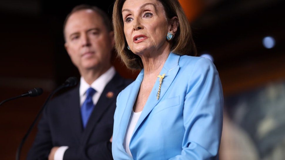 Speaker of the House Nancy Pelosi answers questions with House Select Committee on Intelligence Chairman Rep. Adam Shiff