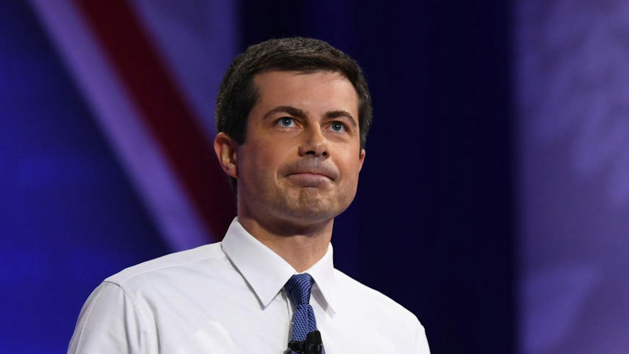 Democratic presidential hopeful Mayor of South Bend, Indiana Pete Buttigieg looks on during a town hall devoted to LGBTQ issues hosted by CNN and the Human rights Campaign Foundation at The Novo in Los Angeles on October 10, 2019.
