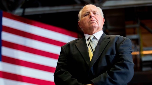 US radio talk show host and conservative political commentator Rush Limbaugh looks on before introducing US President Donald Trump to deliver remarks at a Make America Great Again rally in Cape Girardeau, MO, on November 5, 2018. (Photo by Jim WATSON / AFP) (Photo credit should read JIM WATSON/AFP via Getty Images)