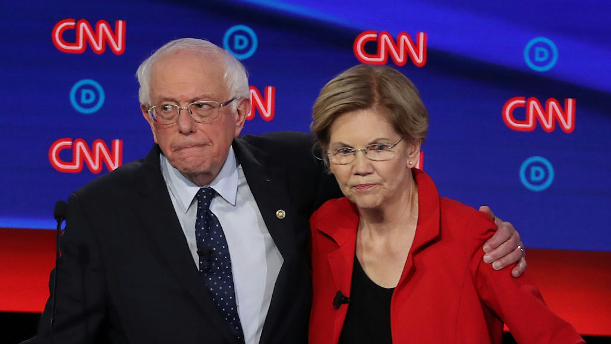 Sen. Bernie Sanders and Sen. Elizabeth Warren embrace after the Democratic Presidential Debate