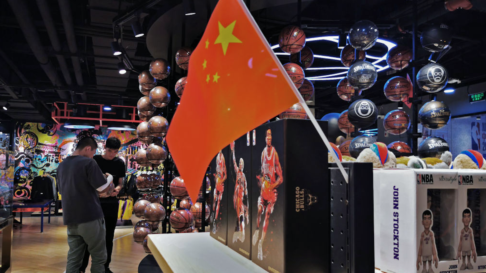 A Chinese flag is seen placed on merchandise in the NBA flagship retail store on October 9, 2019 in Beijing, China.