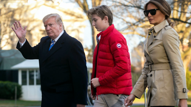 U.S. President Donald Trump, first lady Melania Trump, and their son Barron Trump, arrive on the South Lawn of the White House, on March 10, 2019 in Washington, DC. Trump spent the weekend at his Mar-a-Lago club in Palm Bech, Fla.