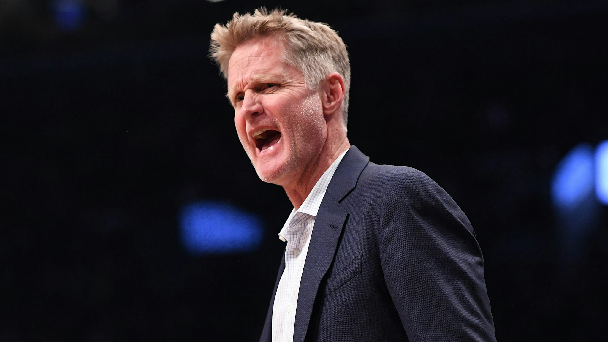 Head Coach Steve Kerr of the Golden State Warriors reacts during the game against the Brooklyn Nets at Barclays Center on October 28, 2018 in the Brooklyn borough of New York City.