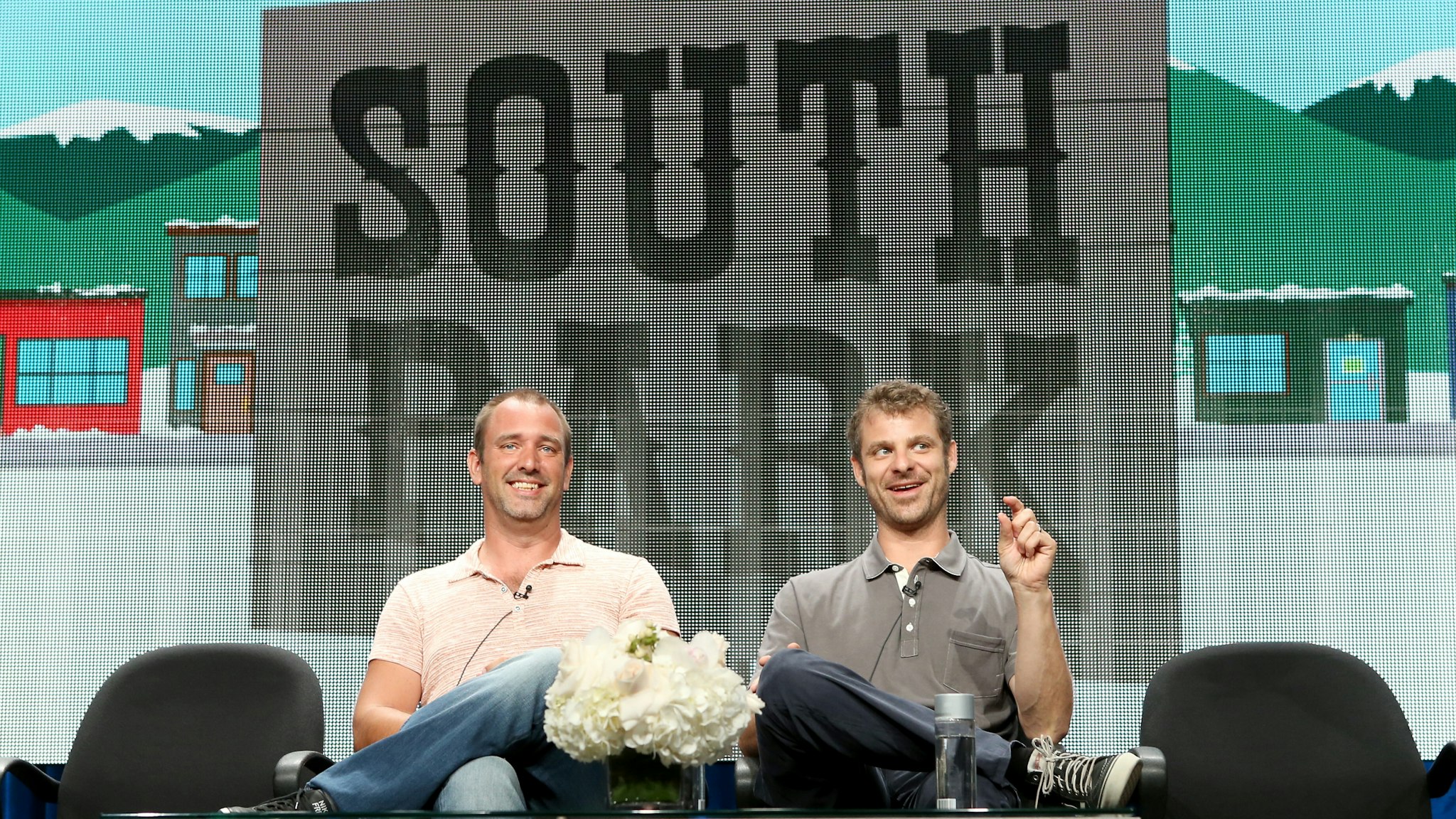 Writer/creators Trey Parker (L) and Matt Stone speak onstage during the 'South Park' panel at Hulu's TCA Presentation at The Beverly Hilton Hotel on July 12, 2014 in Beverly Hills, California.