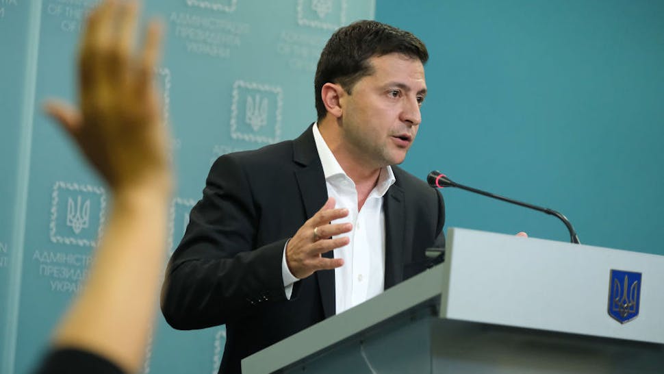Volodymyr Zelensky Ukrainian President Volodymyr Zelensky speaks to the media on October 1, 2019 in Kiev, Ukraine. Ukraine has been at the core of a political storm in U.S. politics since the release of a whistleblower's complaint suggesting U.S. President Donald Trump, at the expense of U.S. foreign policy, pressured Ukraine to investigate Trump's rival, Joe Biden, and Biden's son, Hunter. (Photo by Sean Gallup/Getty Images)