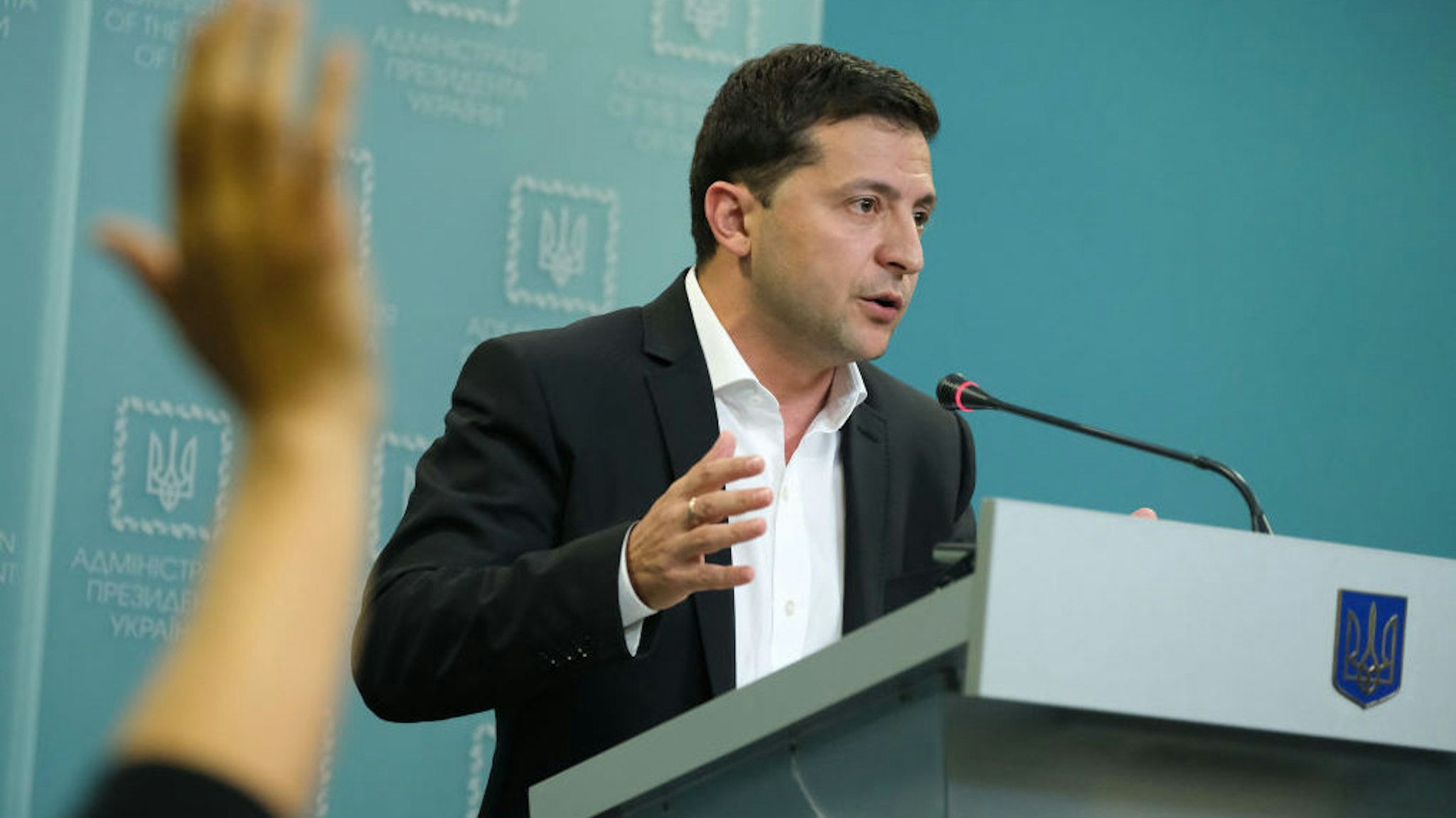 Ukrainian President Volodymyr Zelensky speaks to the media on October 1, 2019 in Kiev, Ukraine. Ukraine has been at the core of a political storm in U.S. politics since the release of a whistleblower's complaint suggesting U.S. President Donald Trump, at the expense of U.S. foreign policy, pressured Ukraine to investigate Trump's rival, Joe Biden, and Biden's son, Hunter. (Photo by Sean Gallup/Getty Images)
