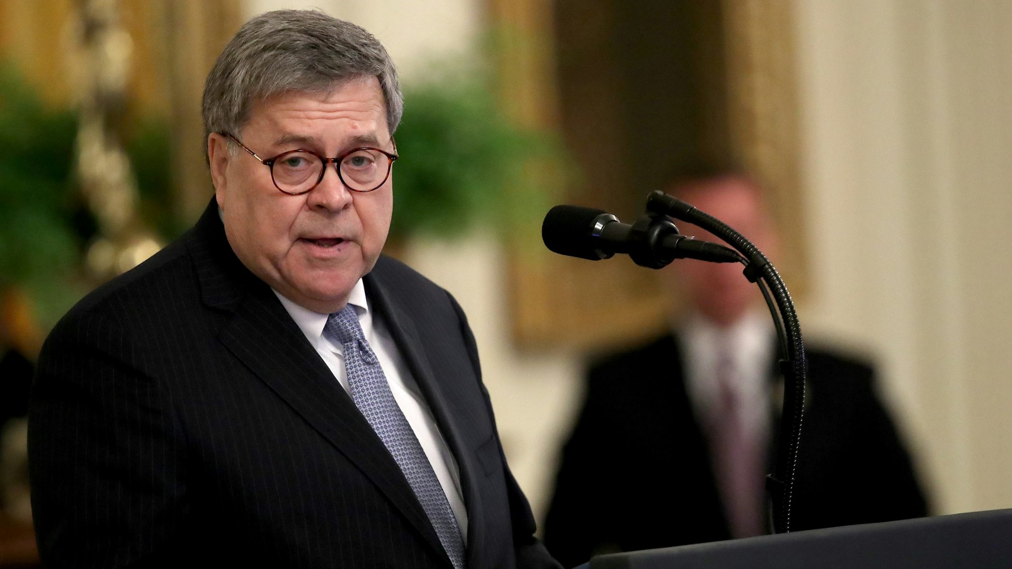 SEPTEMBER 09: U.S. Attorney General William Barr delivers remarks during a White House ceremony September 9, 2019 in Washington, DC. During the ceremony, U.S. President Donald Trump awarded the Medal of Valor to six police officers for their actions during the recent shooting in Dayton, Ohio where nine people died and dozens of others were injured.