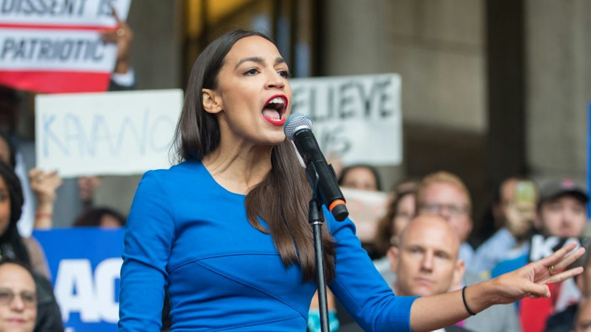 BOSTON, MA - OCTOBER 01: New York Democratic congressional candidate Alexandria Ocasio-Cortez speaks at a rally calling on Sen. Jeff Flake (R-AZ) to reject Judge Brett Kavanaugh's nomination to the Supreme Court on October 1, 2018 in Boston, Massachusetts. Sen. Flake is scheduled to give a talk at the Forbes 30 under 30 event in Boston after recently calling for a one week pause in the confirmation process to give the FBI more time to investigate sexual assault allegations.