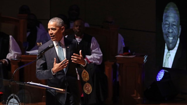 Former President Barack Obama delivers remarks during the funeral service for Rep. Elijah Cummings (D-MD) at New Psalmist Baptist Church on October 25, 2019 in Baltimore, Maryland. A sharecropper’s son who rose to become a civil rights champion and the chairman of the powerful House Oversight and Government Reform Committee, Cummings died last week of complications from longstanding health problems.