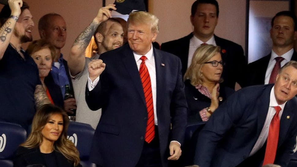 Trump at World Series President Donald Trump attends Game Five of the 2019 World Series between the Houston Astros and the Washington Nationals at Nationals Park on October 27, 2019 in Washington, DC. (Photo by Will Newton/Getty Images)