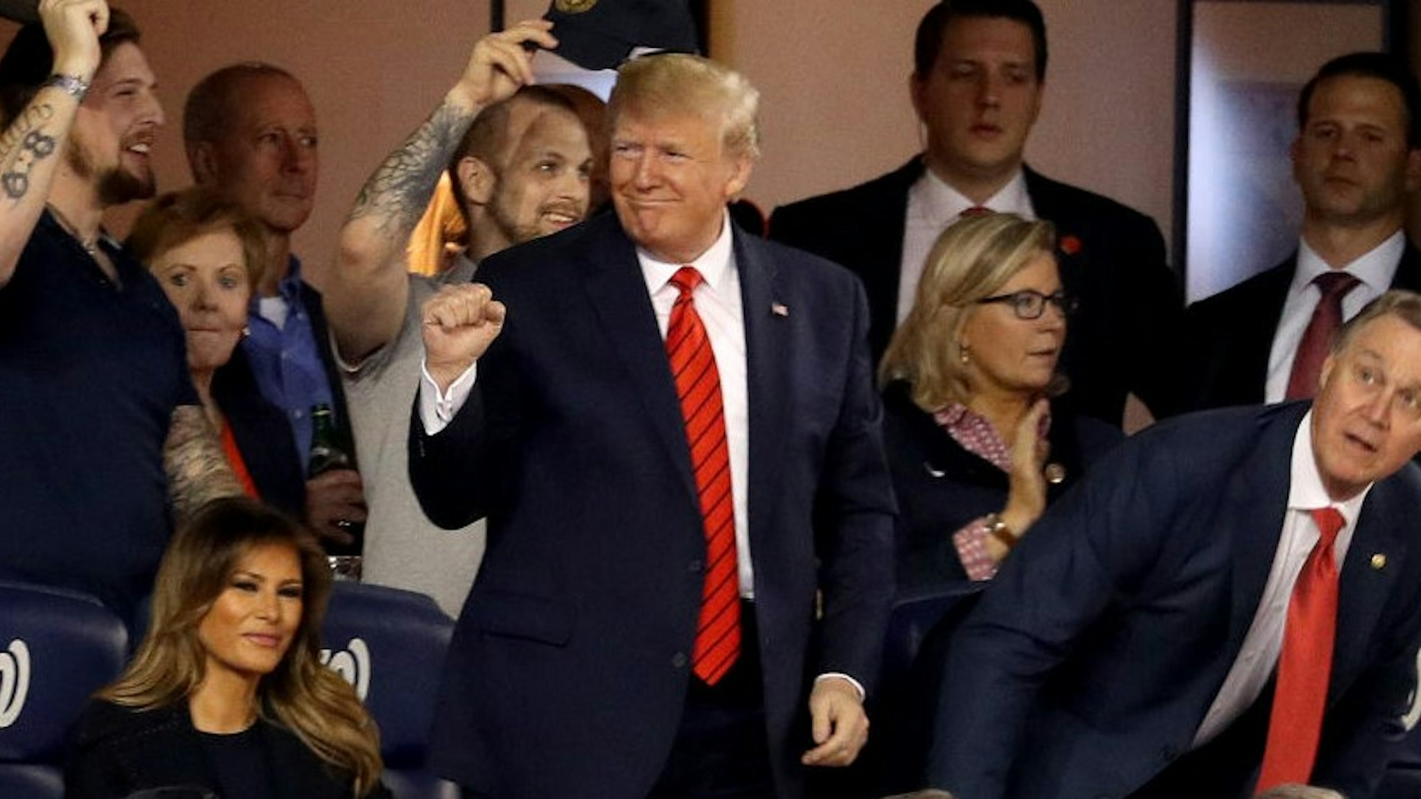 President Donald Trump attends Game Five of the 2019 World Series between the Houston Astros and the Washington Nationals at Nationals Park on October 27, 2019 in Washington, DC. (Photo by Will Newton/Getty Images)