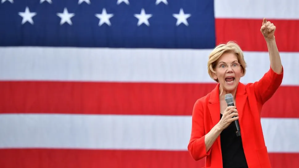WARREN TOPSHOT - Democratic presidential candidate Elizabeth Warren gestures as she speaks during a campaign stop at George Mason University in Fairfax, Virginia on May 16, 2019.