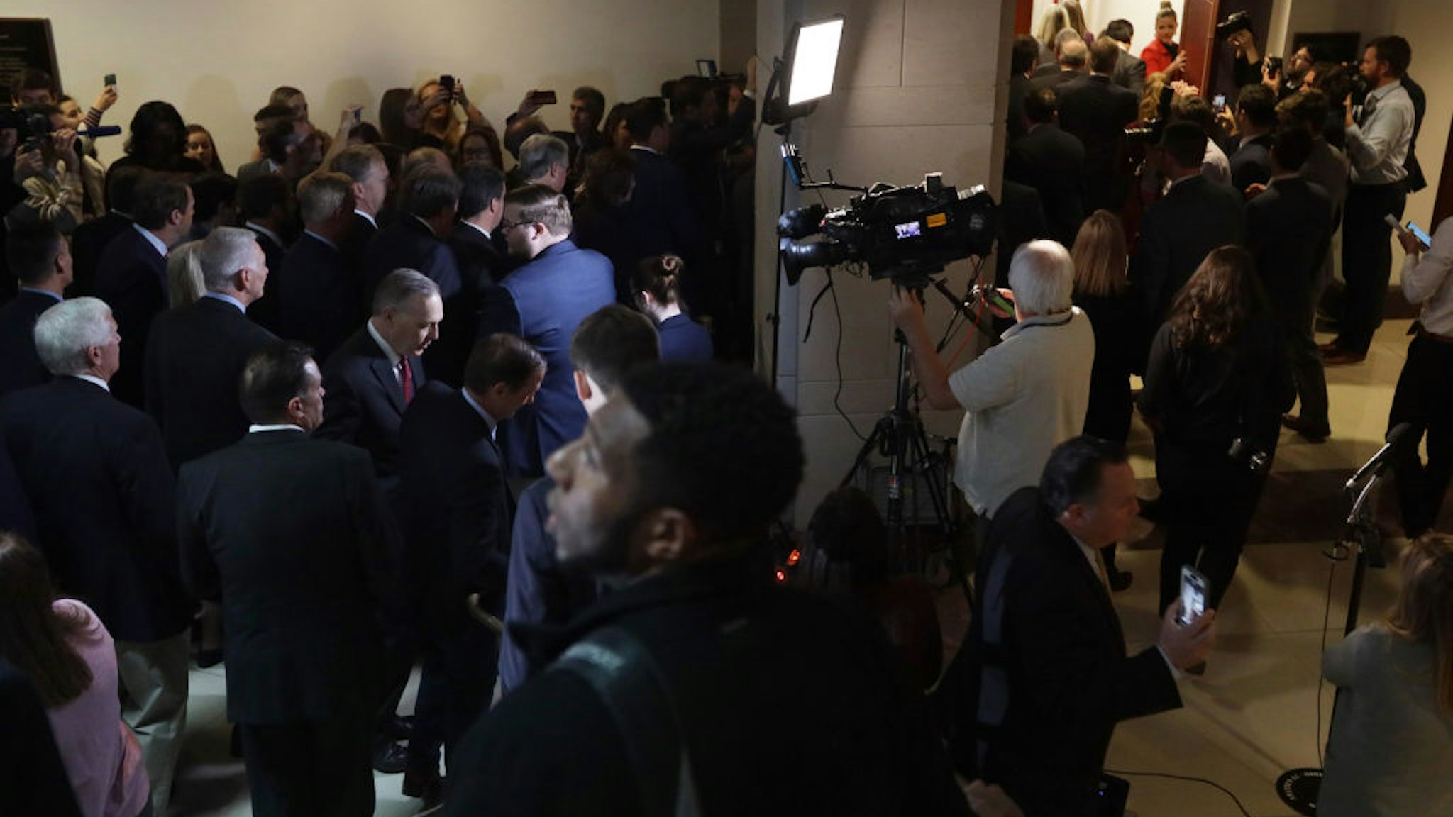 About two dozen House Republicans enter a sensitive compartmented information facility (SCIF) where a closed session before the House Intelligence, Foreign Affairs and Oversight committees takes place at the U.S. Capitol October 23, 2019 in Washington, DC. Rep. Gaetz held the press conference prior to the walk-in to call for “transparency in impeachment inquiry.” (Photo by Alex Wong/Getty Images)