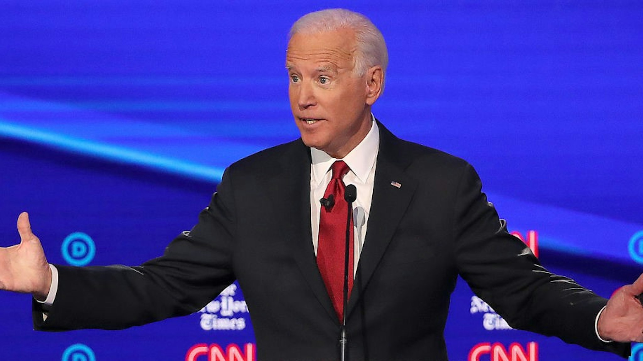 Former Vice President Joe Biden speaks during the Democratic Presidential Debate at Otterbein University on October 15, 2019 in Westerville, Ohio. A record 12 presidential hopefuls are participating in the debate hosted by CNN and The New York Times. (Photo by Win McNamee/Getty Images)
