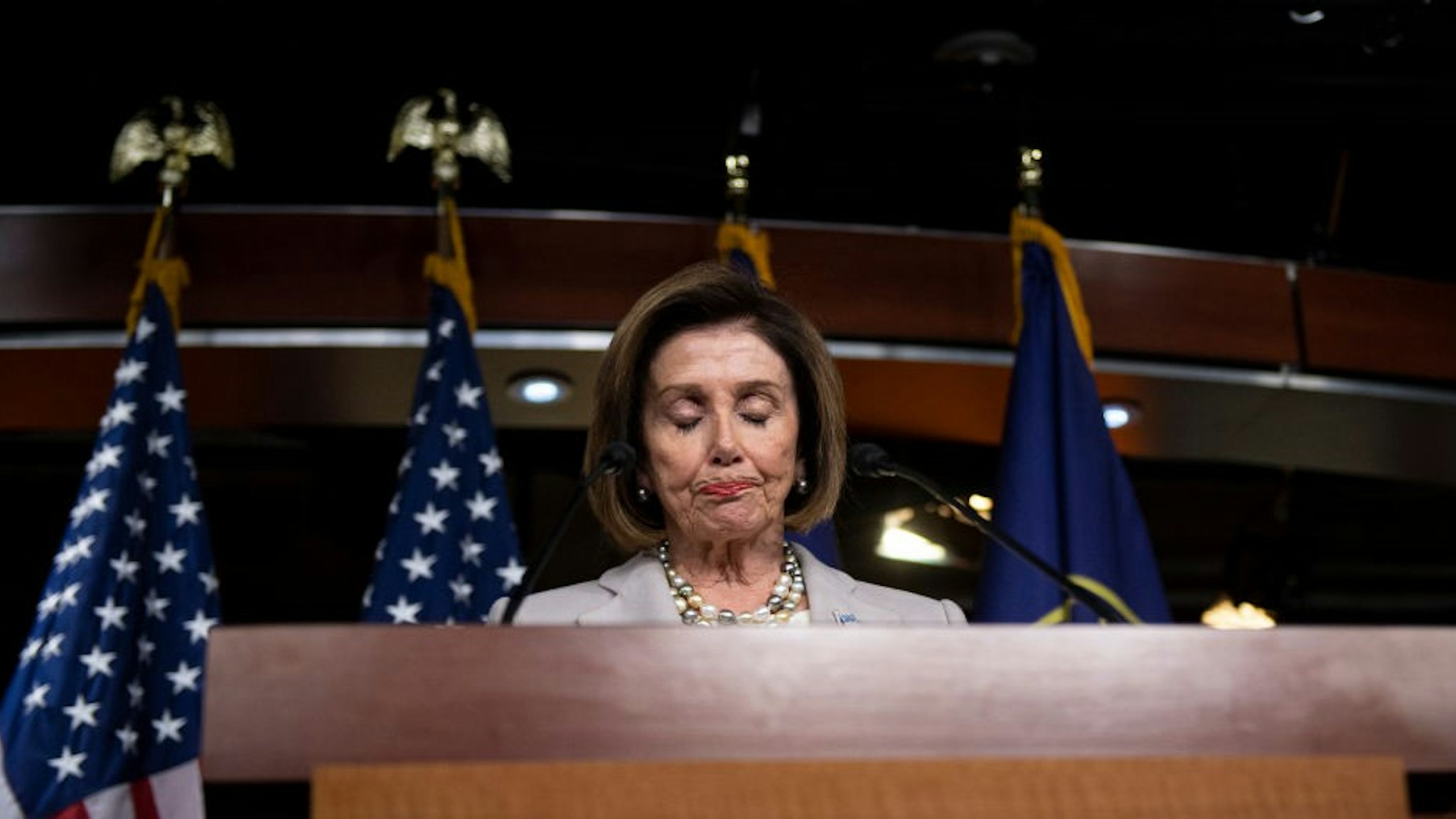 House Speaker Nancy Pelosi of Calif., pauses while speaking about the recent passing of Rep. Elijah Cummings, during a news conference on Capitol Hill in Washington on Thursday, Oct. 17, 2019. (Photo by Caroline Brehman/CQ-Roll Call, Inc via Getty Images)