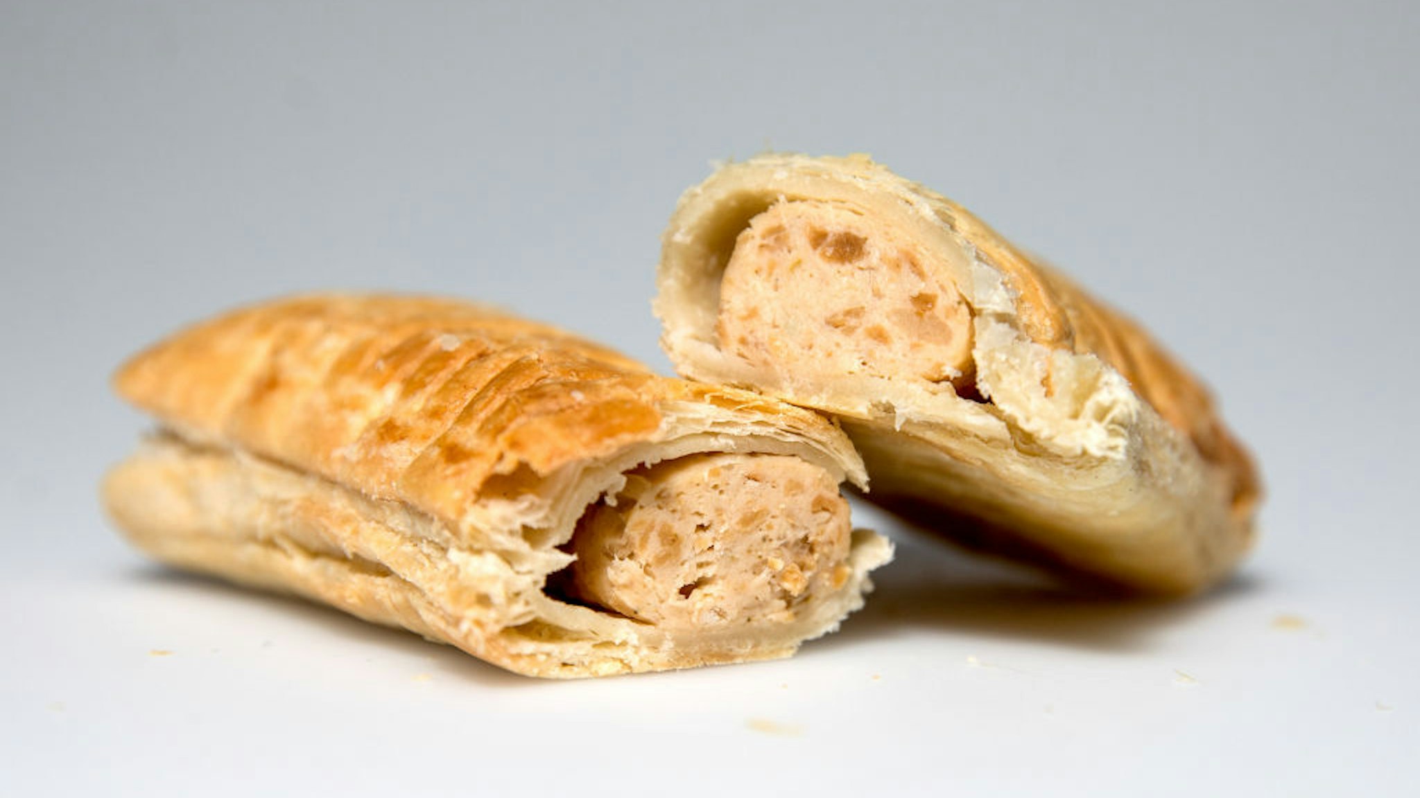 A vegan sausage rolls from a Greggs Plc sandwich chain outlet sits on display in this arranged photograph in London, U.K.