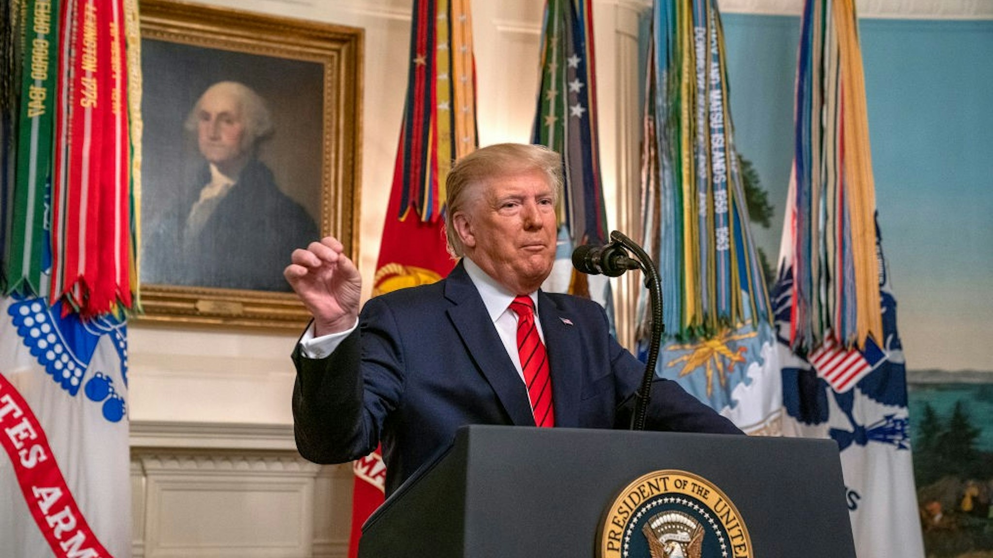 U.S. President Donald Trump makes a statement in the Diplomatic Reception Room of the White House October 27, 2019 in Washington, DC. President Trump announced that ISIS leader Abu Bakr al-Baghdadi has been killed in a military operation in northwest Syria. (Photo by Tasos Katopodis/Getty Images)