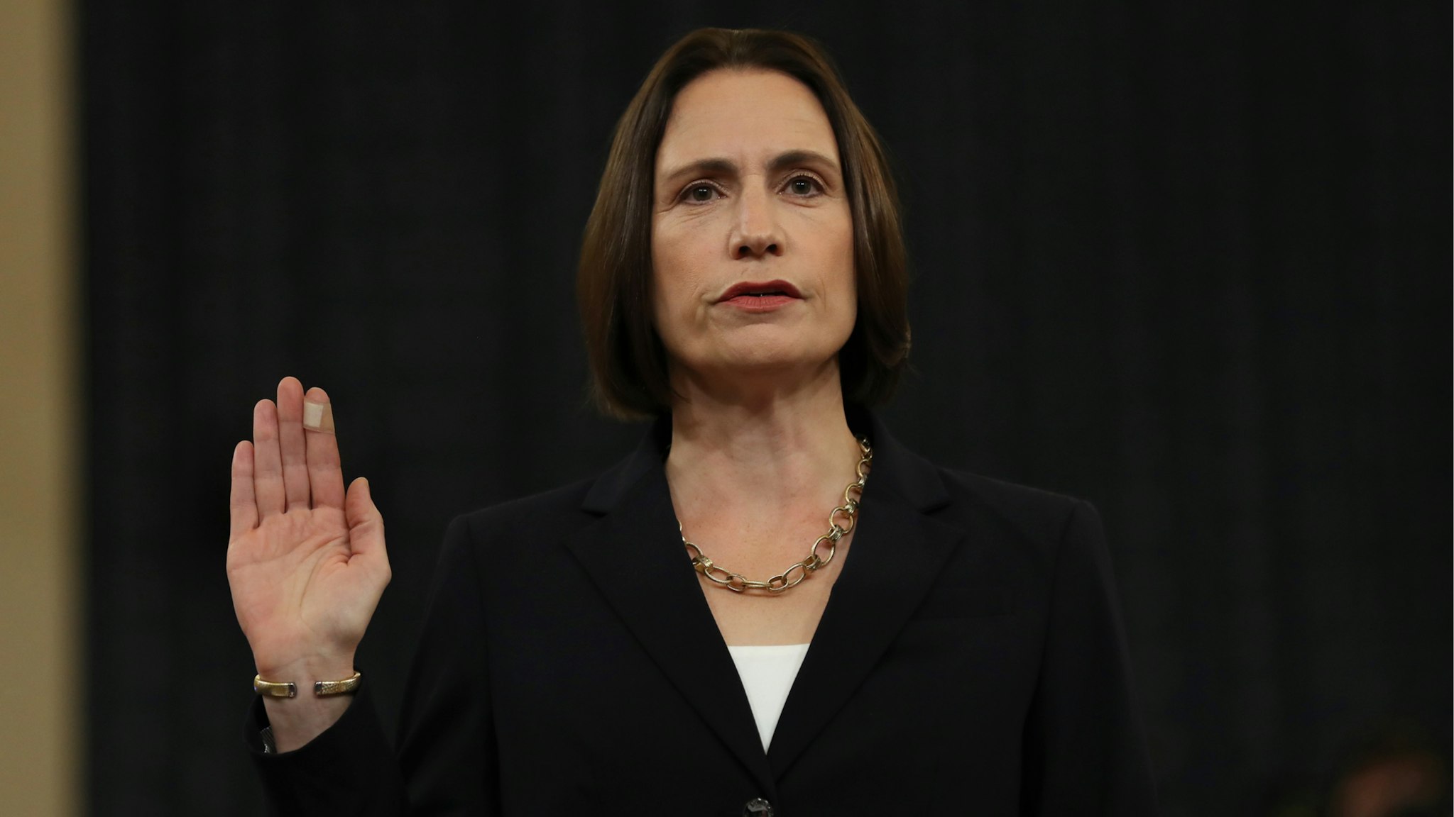 Fiona Hill, the National Security Council’s former senior director for Europe and Russia, is sworn in to testify before the House Intelligence Committee in the Longworth House Office Building on Capitol Hill November 21, 2019 in Washington, DC.