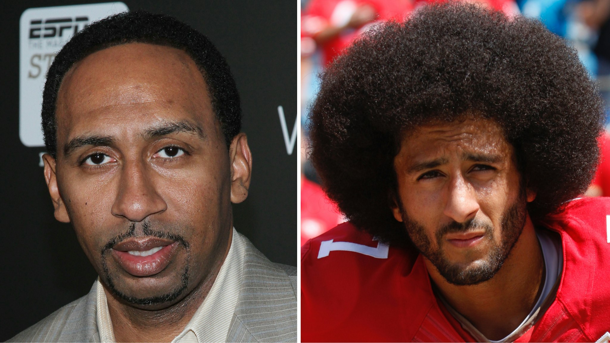ESPN anchor Stephen A. Smith ... at Jazz at Lincoln Center on September 4, 2012 in New York City/Colin Kaepernick #7 of the San Francisco 49ers kneels ... on September 18, 2016 in Charlotte, North Carolina.