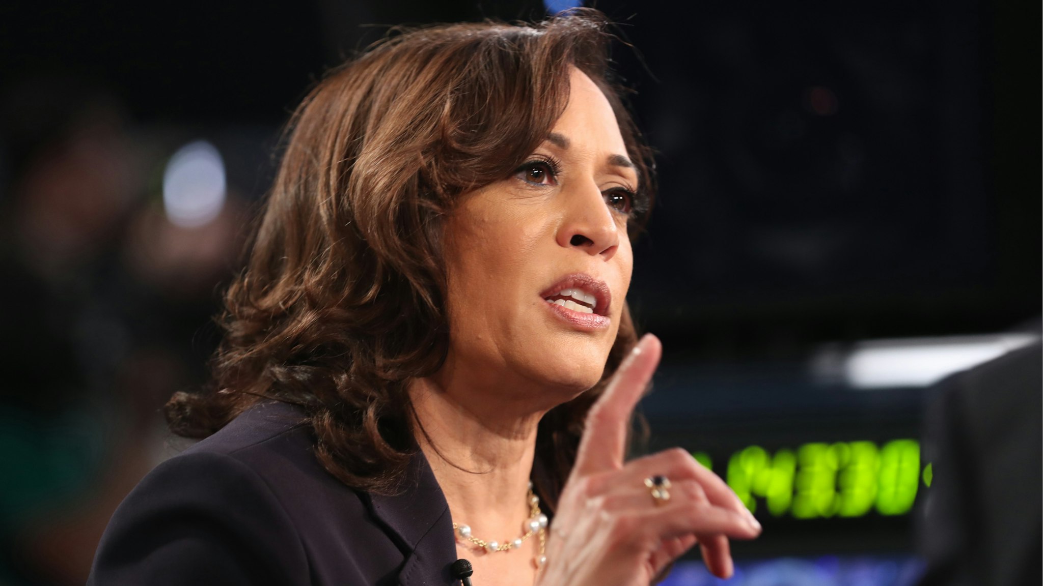 Democratic presidential candidate Sen. Kamala Harris (D-CA) speaks during a television interview after the second night of the first Democratic presidential debate on June 27, 2019 in Miami, Florida.