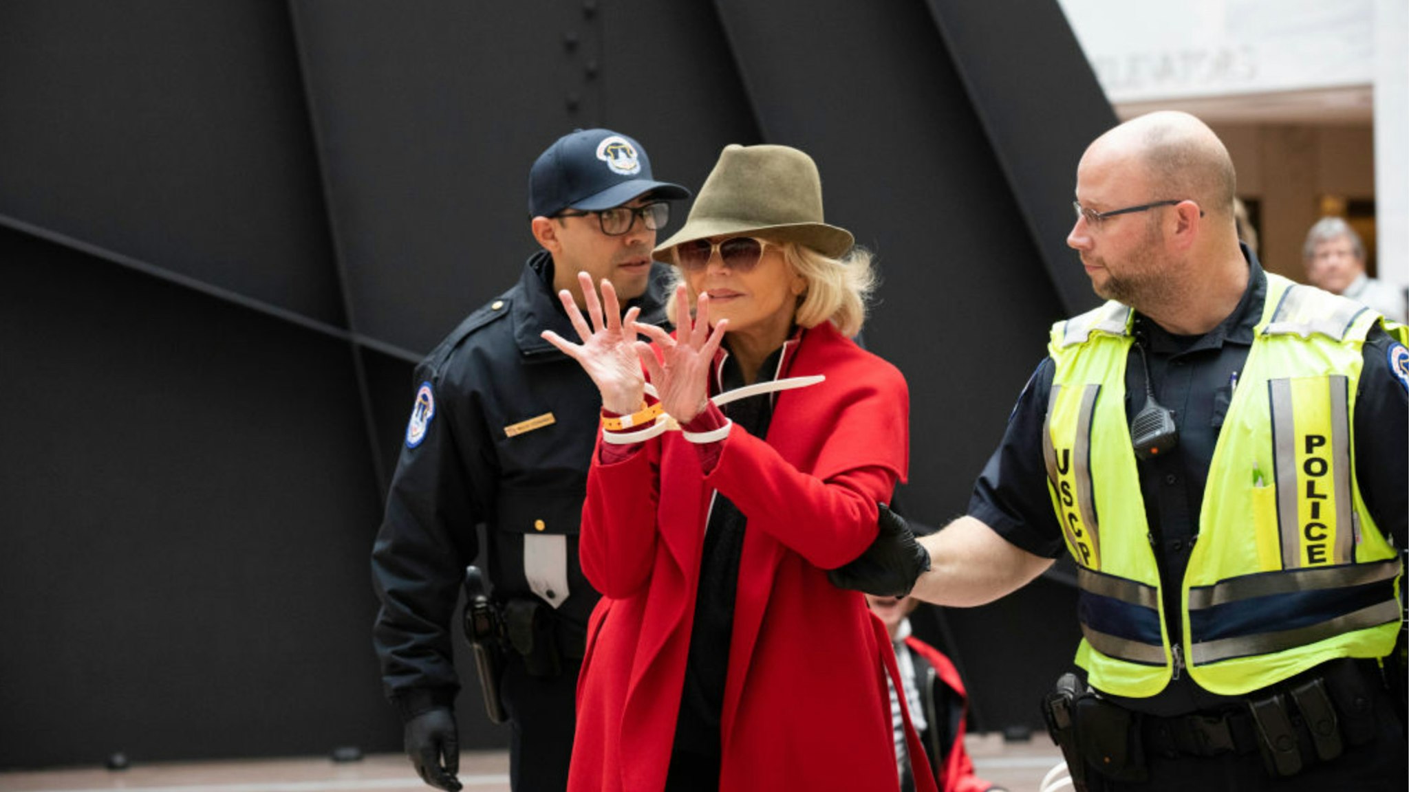 Actress Jane Fonda is arrested by U.S. Capitol Police officers during a ''Fire Drill Fridays'' climate change protest inside the Hart Senate Office Building on Capitol Hill in Washington, D.C., November 1, 2019.