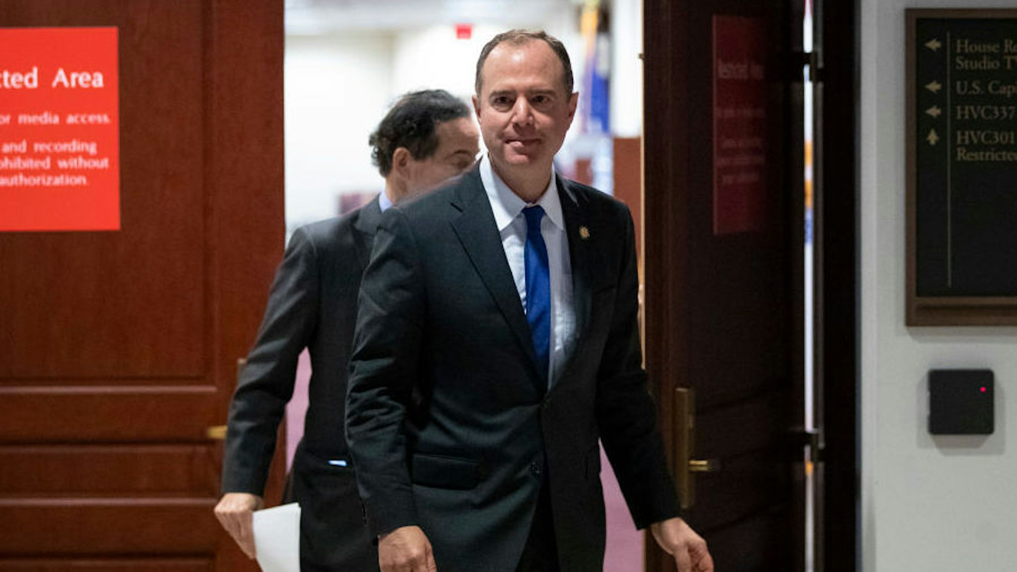 WASHINGTON, DC - NOVEMBER 4: U.S. House Intelligence Committee Chairman Rep. Adam Schiff (D-CA) exits a closed-door hearing with the House Intelligence, Foreign Affairs and Oversight committees at the U.S. Capitol on November 4, 2019 in Washington, DC. On Monday, House investigators released the first transcripts from closed-door depositions in the impeachment inquiry. Four White House officials scheduled for depositions in the impeachment inquiry on Monday have signaled that they will not show up