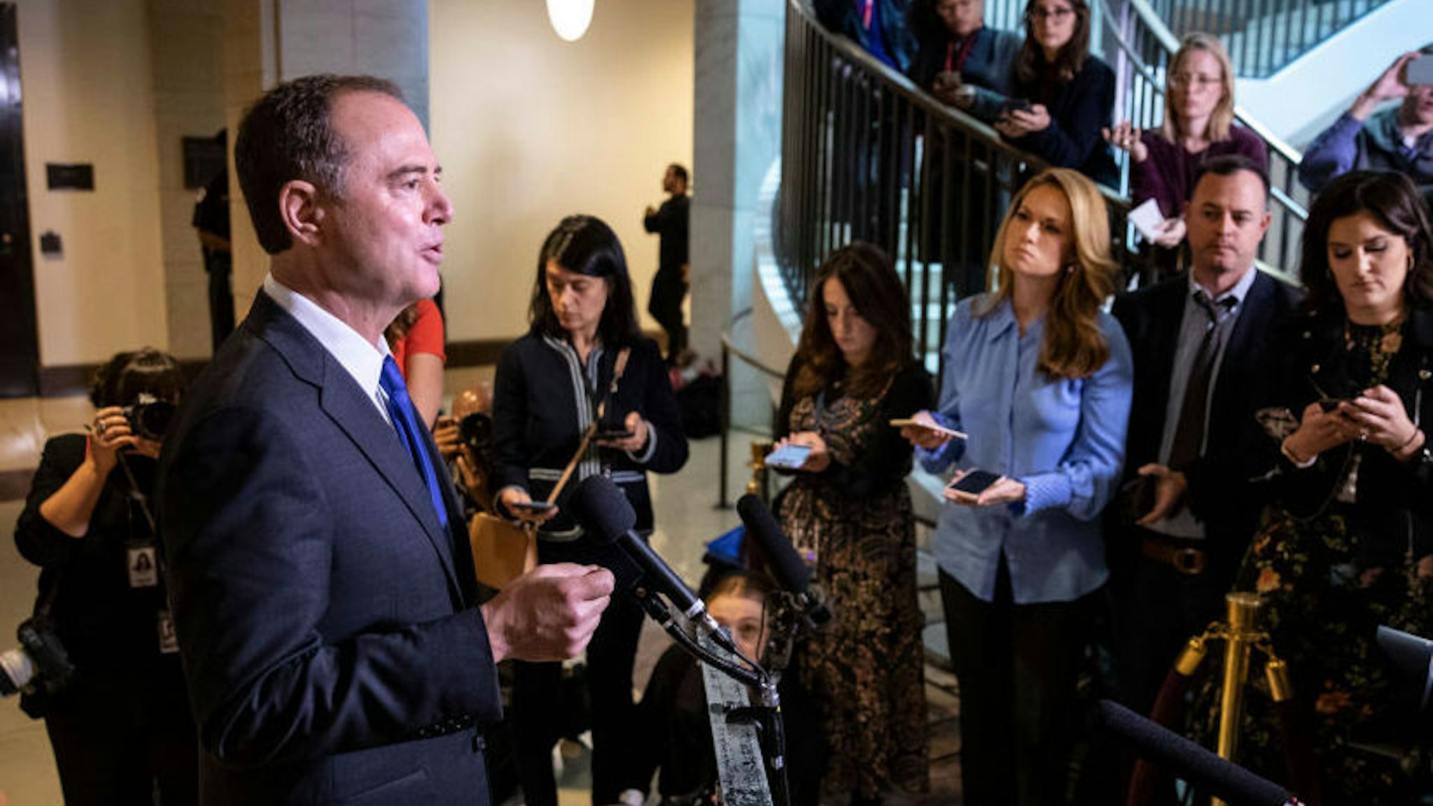 U.S. House Intelligence Committee Chairman Rep. Adam Schiff (D-CA) speaks to reporters following a closed-door hearing with the House Intelligence, Foreign Affairs and Oversight committees at the U.S. Capitol on November 4, 2019 in Washington, DC. On Monday, House investigators released the first transcripts from closed-door depositions in the impeachment inquiry. Four White House officials scheduled for depositions in the impeachment inquiry on Monday have signaled that they will not show up. (Photo by Drew Angerer/Getty Images)