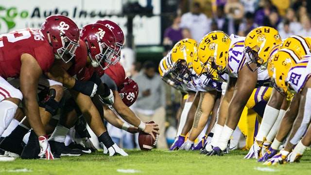 The LSU Tigers defense lines up fro a play during a game between the LSU Tigers and Alabama Crimson Tide on November 3, 2018 at Tiger Stadium, in Baton Rouge, Louisiana. (Photo by John Korduner/Icon Sportswire via Getty Images)