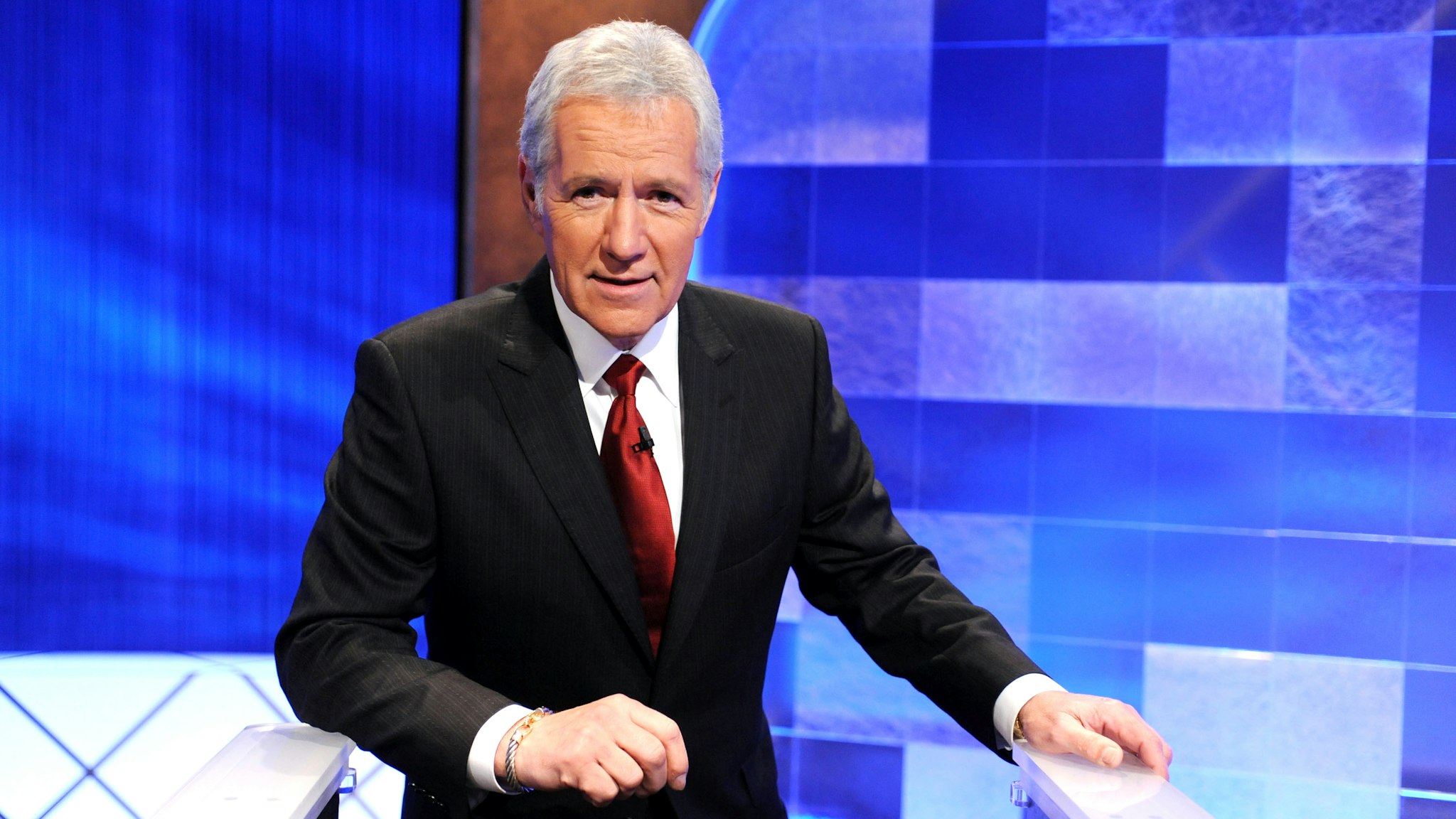 CULVER CITY, CA - APRIL 17: Game show host Alex Trebek poses on the set of the "Jeopardy!" Million Dollar Celebrity Invitational Tournament Show Taping on April 17, 2010 in Culver City, California.