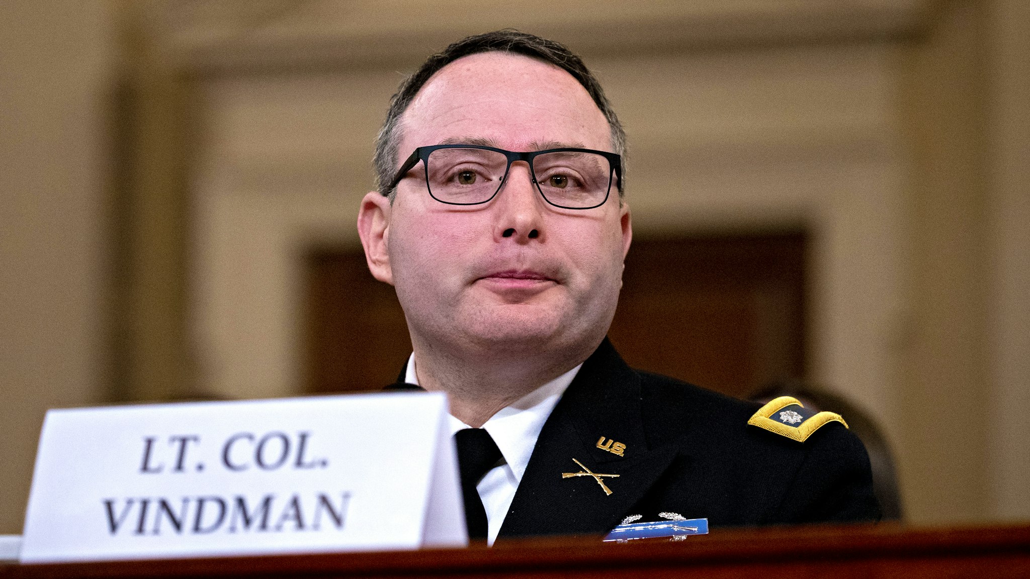 Alexander Vindman, director for European affairs on the National Security Council, listens during a House Intelligence Committee impeachment inquiry hearing in Washington, D.C., U.S., on Tuesday, Nov. 19, 2019. The committee plans to hear from eight witnesses in open hearings this week in the impeachment inquiry into President Donald Trump.