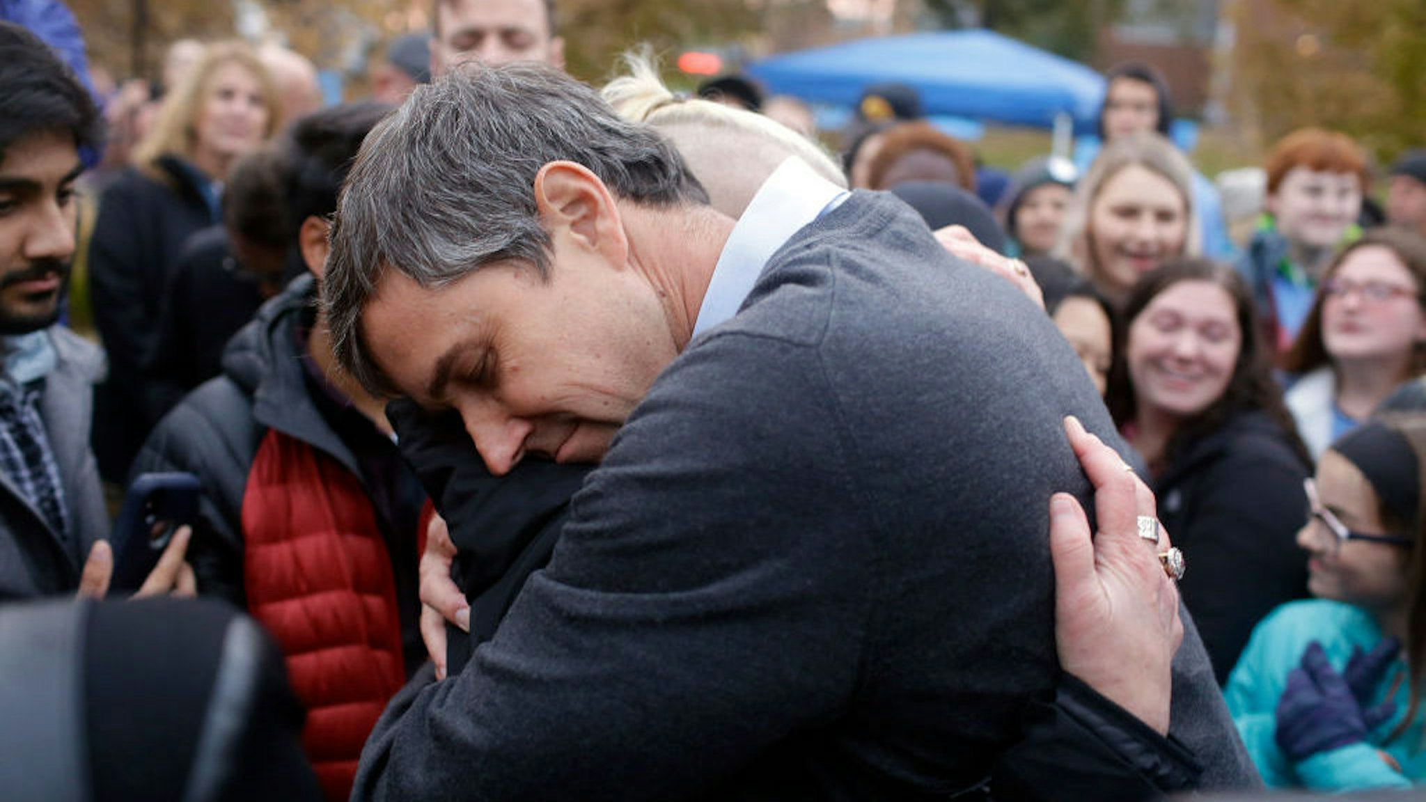 Democratic presidential candidate and former Rep. Beto O'Rourke (D-TX) hugs volunteer Charlie Jordan after announcing he was dropping out of the presidential race before the start of the Iowa Democratic Party Liberty &amp; Justice Celebration on November 1, 2019 in Des Moines, Iowa. Fourteen presidential are expected to speak at the event addressing over 12,000 people. (Photo by Joshua Lott/Getty Images)