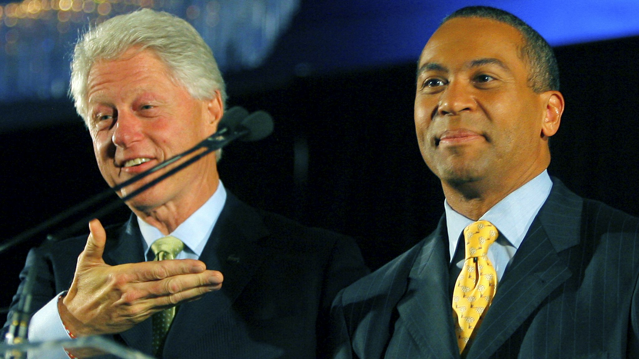 BOSTON - OCTOBER 16: Former president Bill Clinton, left, was on stage with democratic candidate for Governor of Massachusetts Deval Patrick, right.