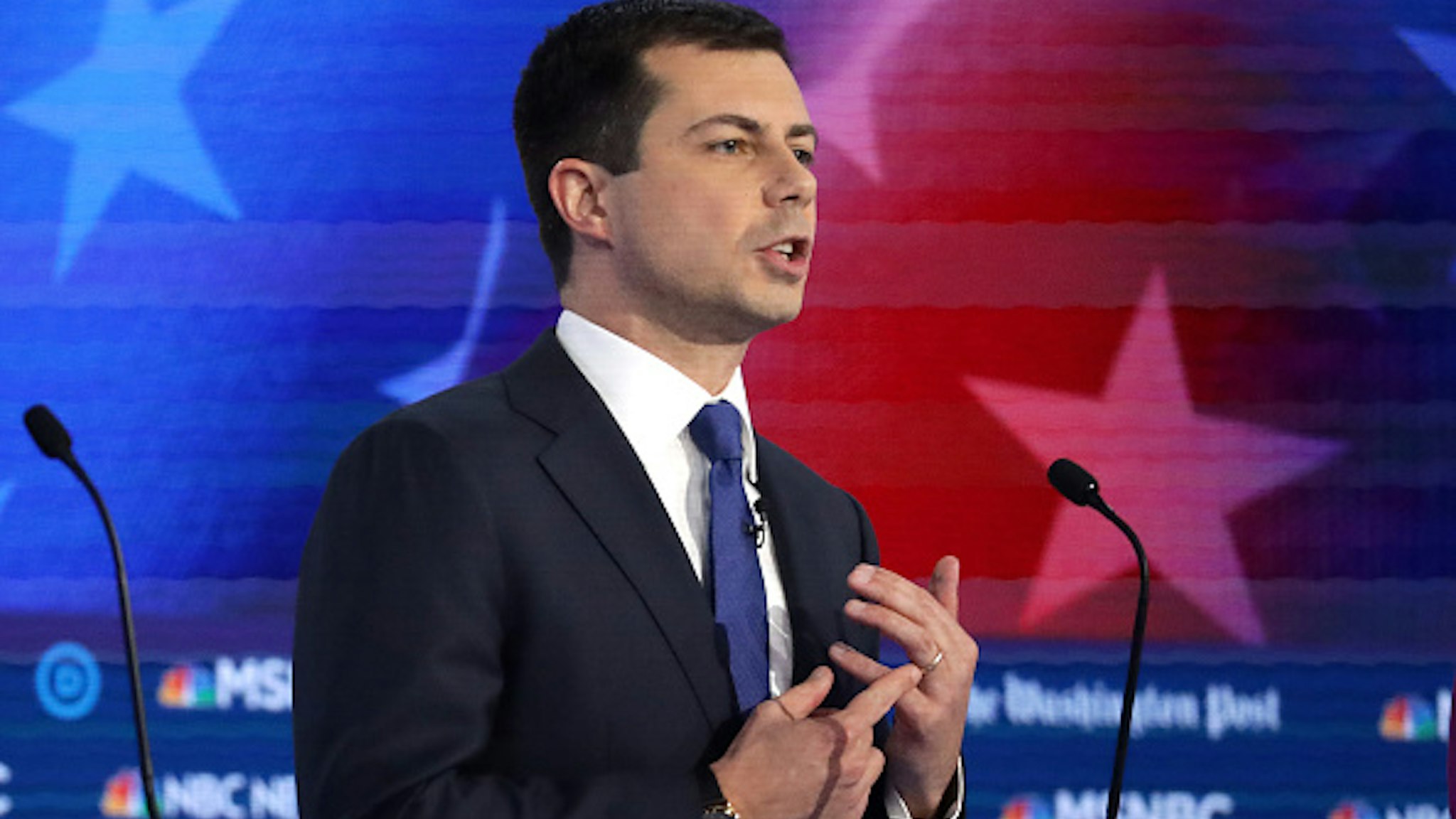 ATLANTA, GEORGIA - NOVEMBER 20: Democratic presidential candidate South Bend, Indiana Mayor Pete Buttigieg speaks during the Democratic Presidential Debate at Tyler Perry Studios November 20, 2019 in Atlanta, Georgia. Ten Democratic presidential hopefuls were chosen from the larger field of candidates to participate in the debate hosted by MSNBC and The Washington Post.