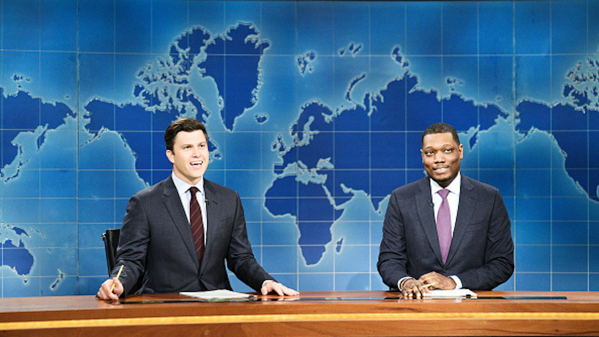 SATURDAY NIGHT LIVE -- "Paul Rudd" Episode 1767 -- Pictured: (l-r) Colin Jost, Michael Che during "Weekend Update" on May 18, 2019 --