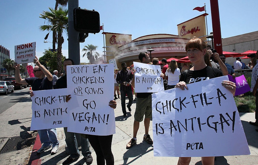 PETA and the LGBT community's "Chick-Fil-A Is Anti-Gay!" protest at Chick-fil-A on August 1, 2012 in Hollywood, California.