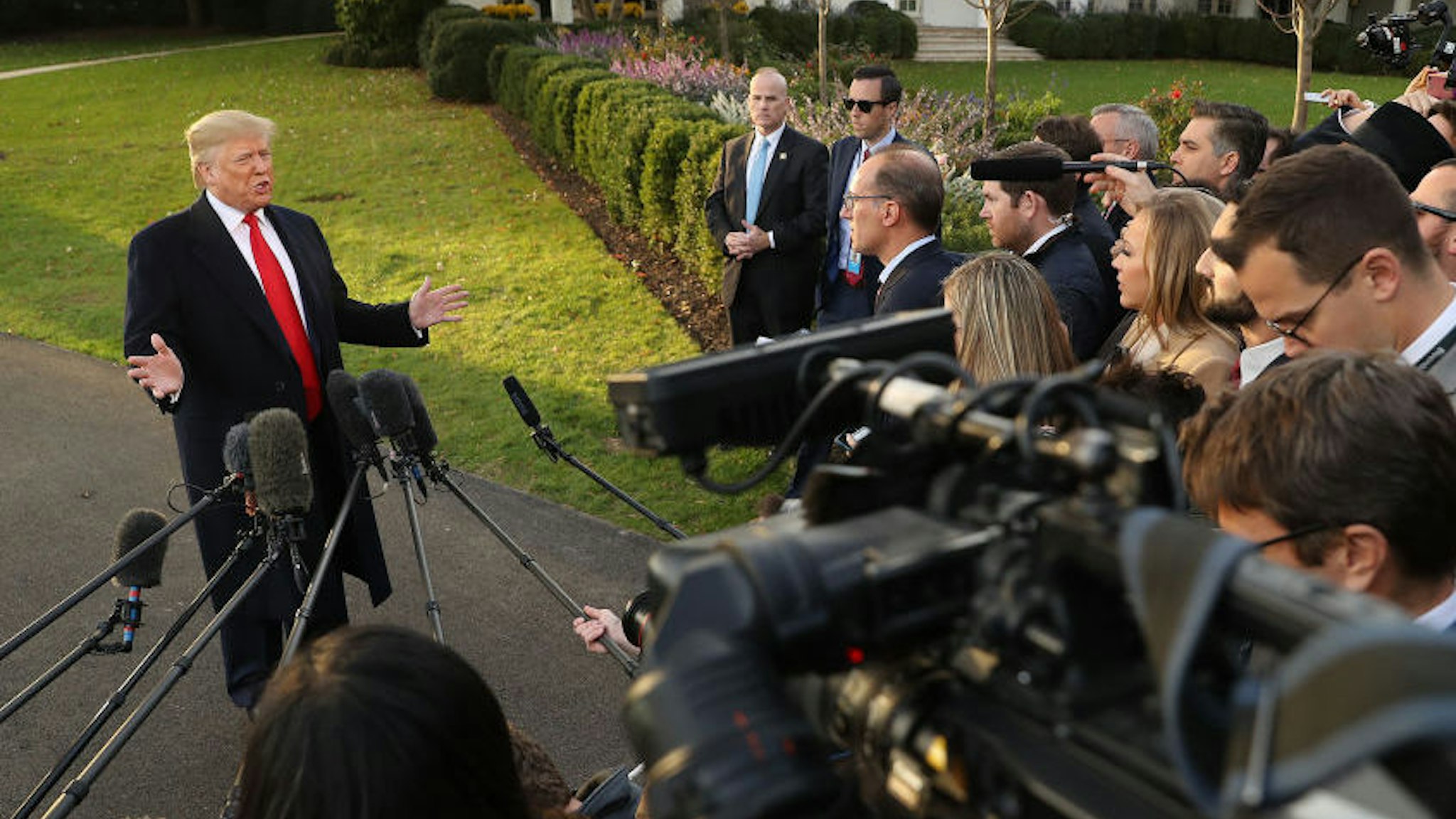 U.S. President Donald Trump talks to journalists while departing the White House November 04, 2019 in Washington, DC. Trump is traveling to Kentucky for a 'Keep America Great' campaign rally in Lexington, Kentucky. (Photo by Chip Somodevilla/Getty Images)