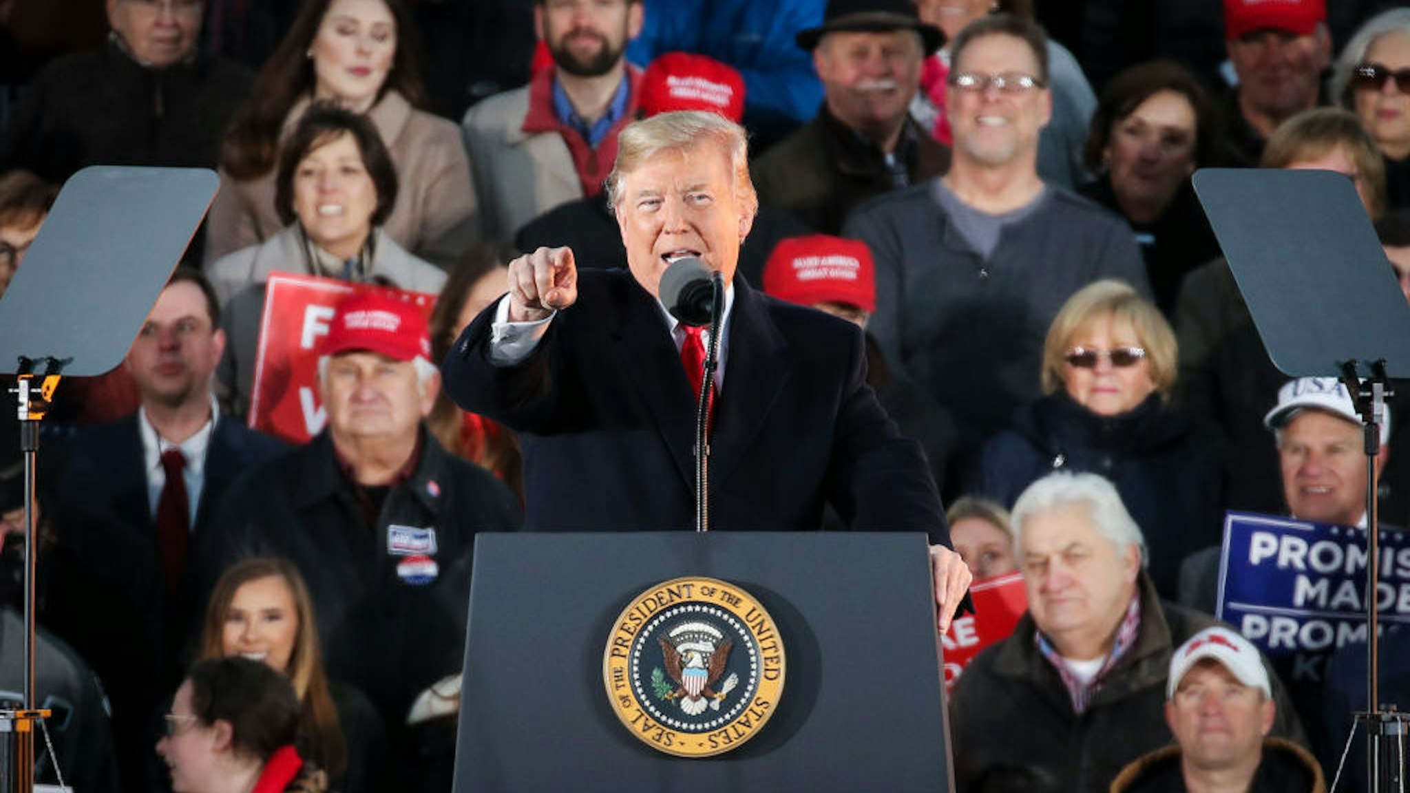 President Donald Trump speaks during a rally at the Tupelo Regional Airport, November 26, 2018 in Tupelo, Mississippi. President Trump is holding two rallies on Monday in Mississippi, in support of Republican candidate for U.S. Senate Cindy Hyde-Smith, who faces off against Democratic candidate Mike Espy in a runoff election on Tuesday. (Photo by Drew Angerer/Getty Images)