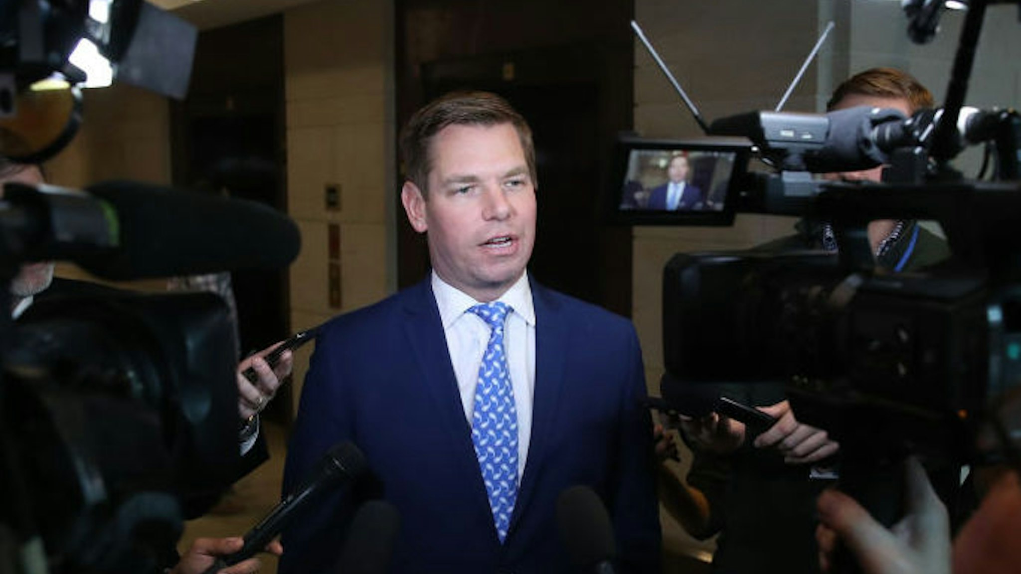 Rep. Eric Swalwell (D-CA), talks to the media outside of a closed-door hearing at the U.S. Capitol on November 7, 2019 in Washington, DC. the Chairman of the House Intelligence Committee, Adam Schiff (D-CA) has announced that public hearings will begin next week in the impeachment inquiry against U.S. President Donald Trump. (Photo by Mark Wilson/Getty Images)