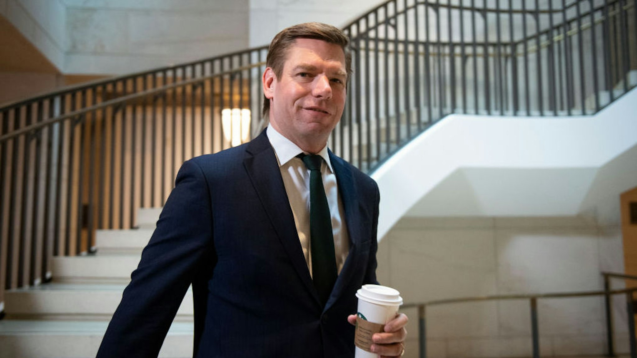 Rep. Eric Swalwell, D-Calif., arrives for the deposition of US Ambassador to the European Union Gordon Sondland at the Capitol in Washington on Thursday, Oct. 17, 2019. (Photo by Caroline Brehman/CQ-Roll Call, Inc via Getty Images)