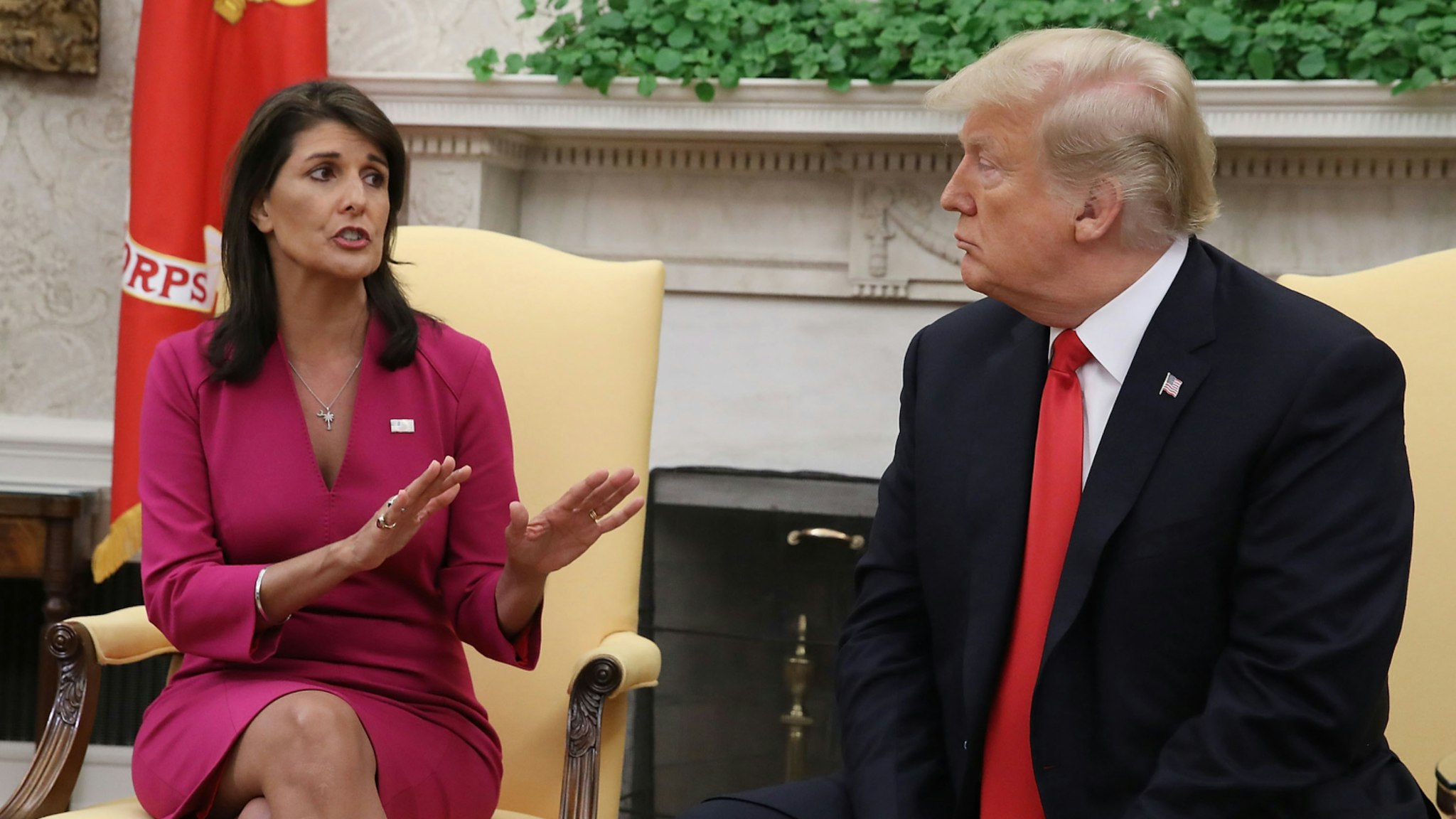 U.S. President Donald Trump announces that he has accepted the resignation of Nikki Haley as US Ambassador to the United Nations, in the Oval Office on October 9, 2018 in Washington, DC.