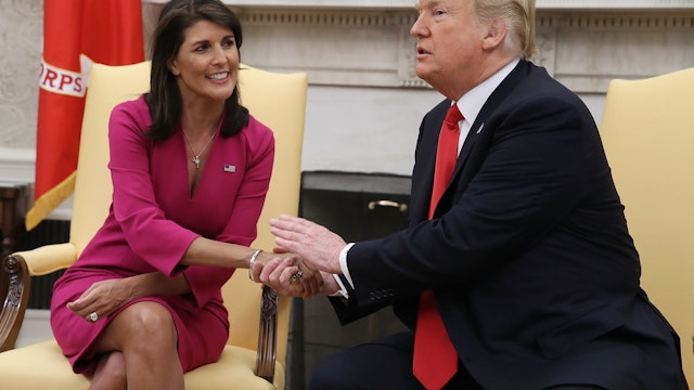 WASHINGTON, DC - OCTOBER 09: U.S. President Donald Trump announces that he has accepted the resignation of Nikki Haley as US Ambassador to the United Nations, in the Oval Office on October 9, 2018 in Washington, DC. President Trump said that Haley will leave her post by the end of the year. (Photo by Mark Wilson/Getty Images)