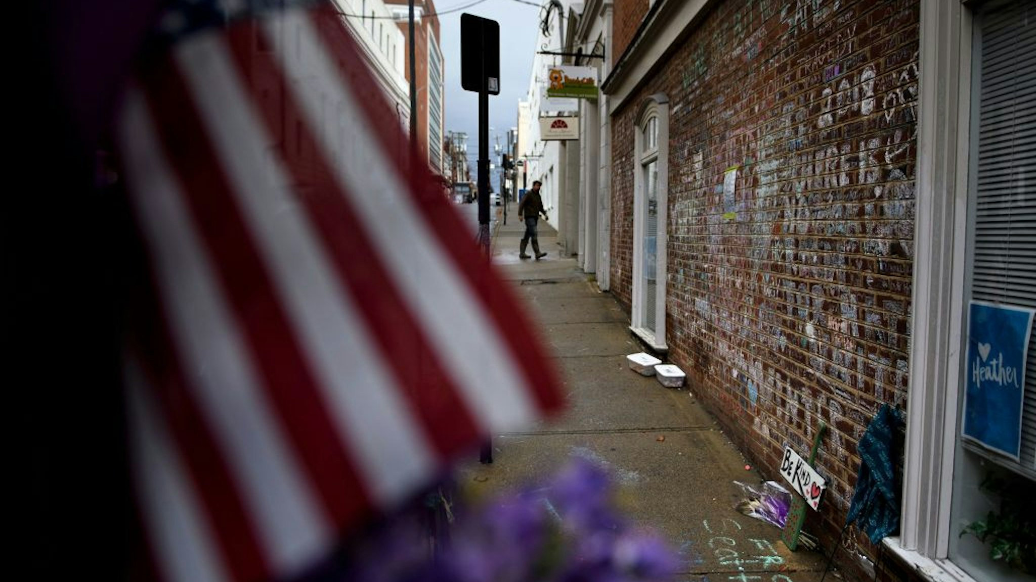 A memorial to Heather Heyer and the other victims of last year's hit and run is seen a few blocks away the first day of jury selection for James Fields's murder trial at the Charlottesville Circuit Court, November 26, 2018 in Charlottesville, Virginia. - An American neo-Nazi denied murder at the start of his trial for allegedly ramming his car into counter-protesters at a 2017 white supremacist rally that made the city of Charlottesville a byword for rising racial tensions under President Donald Trump.