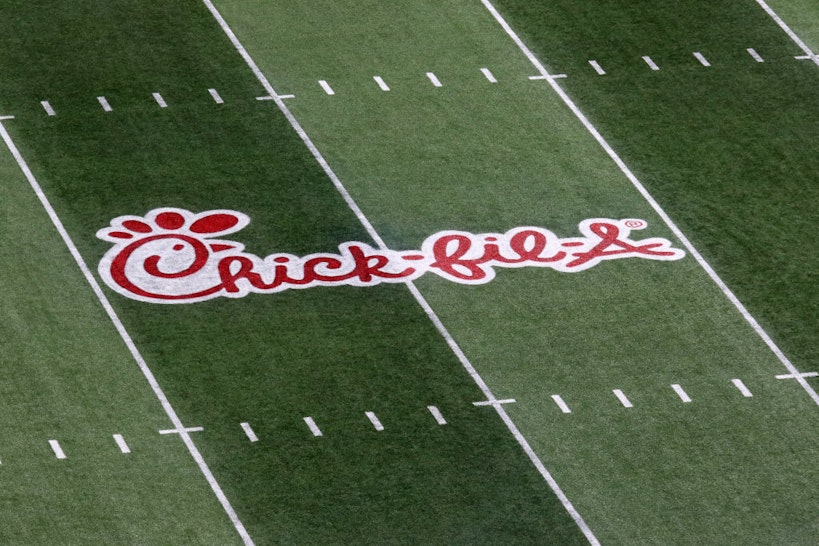 ATLANTA, GA - DECEMBER 29: The Chick-fil-A logo is painted on the field for the Peach Bowl between the Florida Gators and the Michigan Wolverines on December 29, 2018 at Mercedes-Benz Stadium in Atlanta, Georgia.