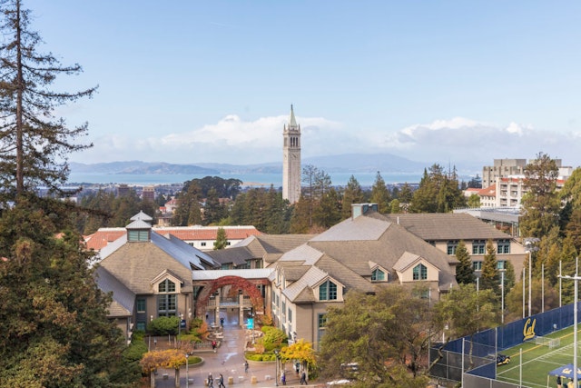 BERKELEY, CA - DECEMBER 1: A general view of the University of California Berkeley campus including Sather Tower, also known as The Campanile, as seen from Memorial Stadium before the 121st Big Game played between the California Golden Bears and the Stanford Cardinal football teams on December 1, 2018 at the University of California in Berkeley, California. The Haas School of Business is visible in foreground (with gabled roofs), San Francisco Bay in the background.