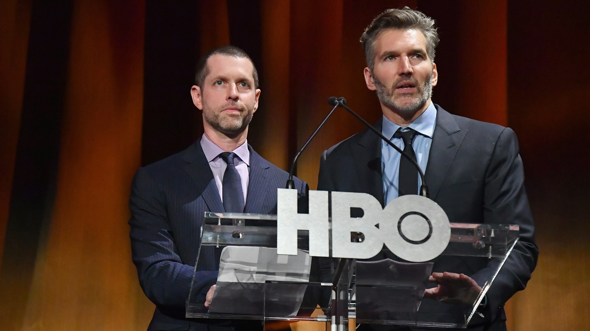NEW YORK, NY - APRIL 03: Executive Creators and Producers of "Game of Thrones", D.B Weiss and David Benioff speak onstage during the "Game Of Thrones" Season 8 NY Premiere on April 3, 2019 in New York City. (Photo by Jeff Kravitz/FilmMagic for HBO)